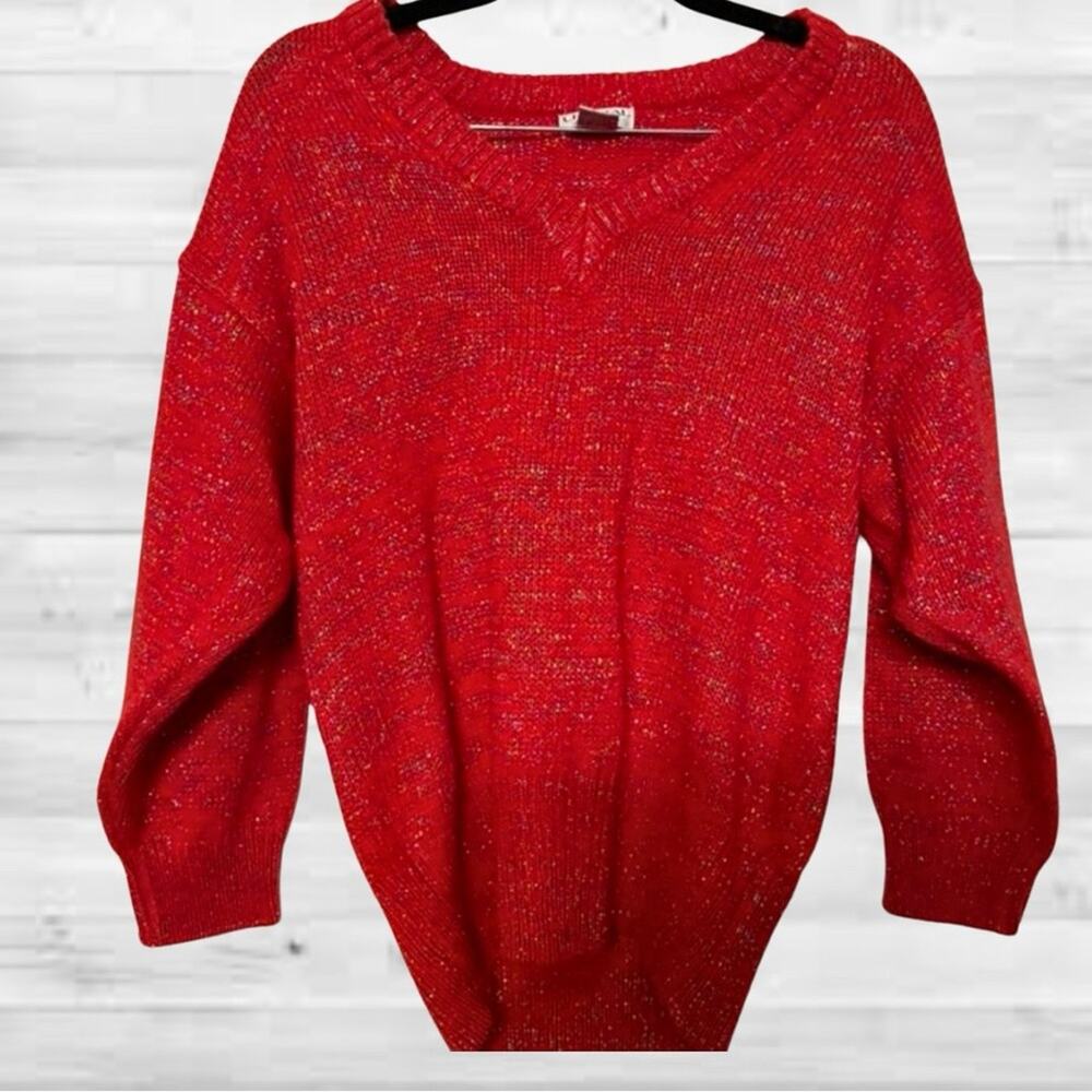 Vintage Crystal Sportswear Sparkly Red Knit Crew Sweater - Size M